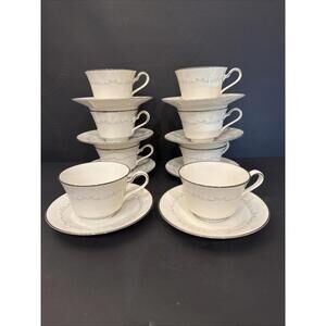 Set Of 8 Noritake IRENE 7571 Footed Cup & Saucers White Floral W Platinum